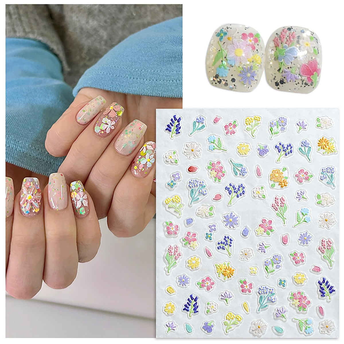 SILPECWEE 8 Sheets Flower Nail Art Stickers 3D Flower Daisy Nail Stickers Self-Adhesive Nail Design Stickers Spring Nail Decals for Nail Art Decoration Accessories