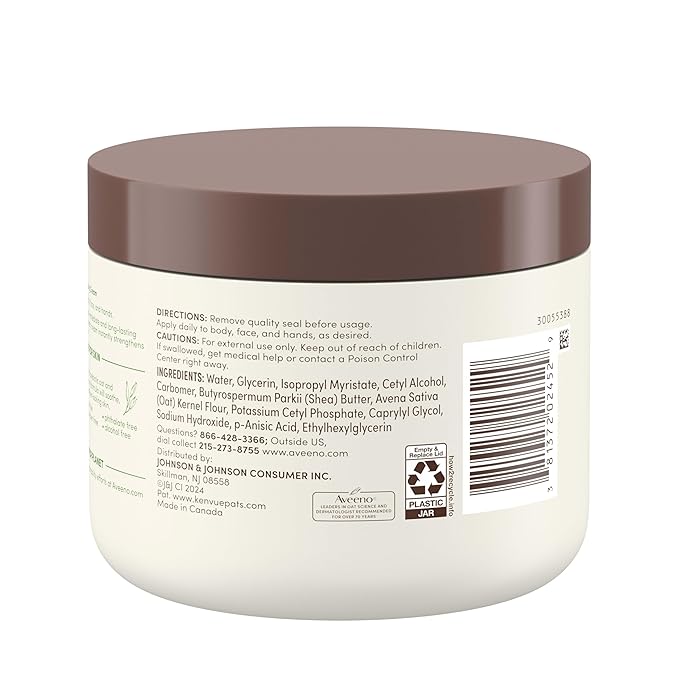 Aveeno Daily Moisturizing Cream with Prebiotic Oat & Shea Butter for Body, Face & Hands Moisturizer Cream, Hydrates Normal to Dry, Sensitive Skin, Fragrance Free, Non-Comedogenic, 20 oz