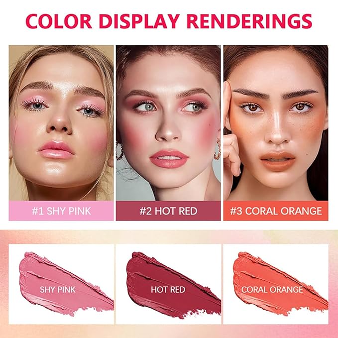 Multi-Use Makeup Blush Stick, Cream Face Blush Makeup Stick for Cheeks Eyes Lips, Super Natural Matte Finish Looking Long-Lasting Moisturizing Blush Stick, Suitable for All Skin (3#, Coral Orange)