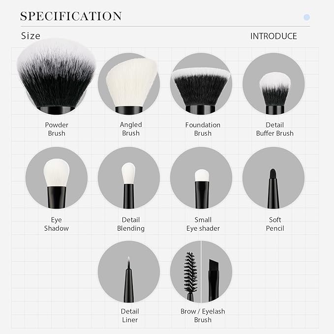 Jessup Makeup Brush Set 10pcs Black Make up Brushes Set Professional with Natural Synthetic Hair for Foundation Blending Blush Concealer Eyeshadow Eyebrow Eyeliner, T323