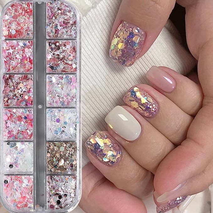 12 Grids Star Nail Art Glitter Sequins Heart Shaped Mermaid Nail Sequins Holographic Mermaid Nail Flakes Sticker Sequin Heart Nail Art Glitter for Women DIY Acrylic Nail Decoration