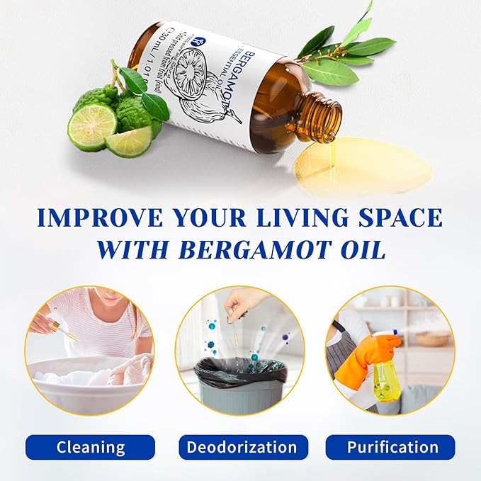 HIQILI Bergamot Essential Oil for Diffuser, Skin, Hair, DIY, 100% Pure & Natural - 1.01 Fl Oz (30 mL)