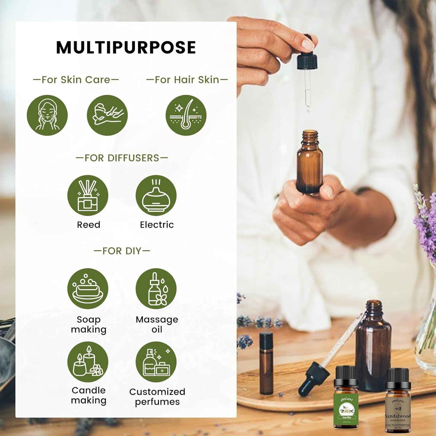 yethious Vanilla Sandalwood Essential Oils for Diffuser & Aromatherapy Pure Natural Organic Vanilla Oils Set - 2PCS 10ML