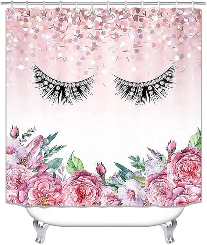 4PCS Diamond Eyelash Shower Curtain Set, Rustic Flower Botanical Bouquet Confetti Girly Makeup Fashion Bathroom Decor Waterproof Fabric Shower Curtain Non-Slip Bath Mat Toilet Rug, Pink Floral