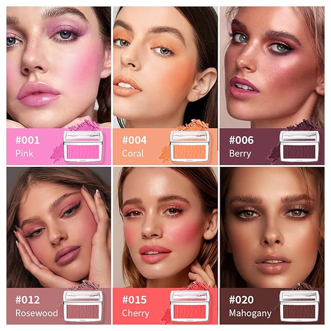 MAEPEOR Embossed Blush 6 Colors Smooth Blendable Face Blush Long-Lasting Natural Look Blush Powder Blush for Cheeks (06 Berry）