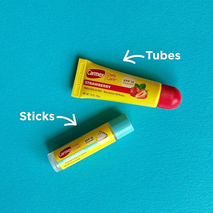 Carmex Daily Care Moisturizing Lip Balm Pack, SPF 15, Strawberry & Cupcake Batter Flavor Variety Pack Bag, 9 Count (7 Sticks, 2 Tubes)