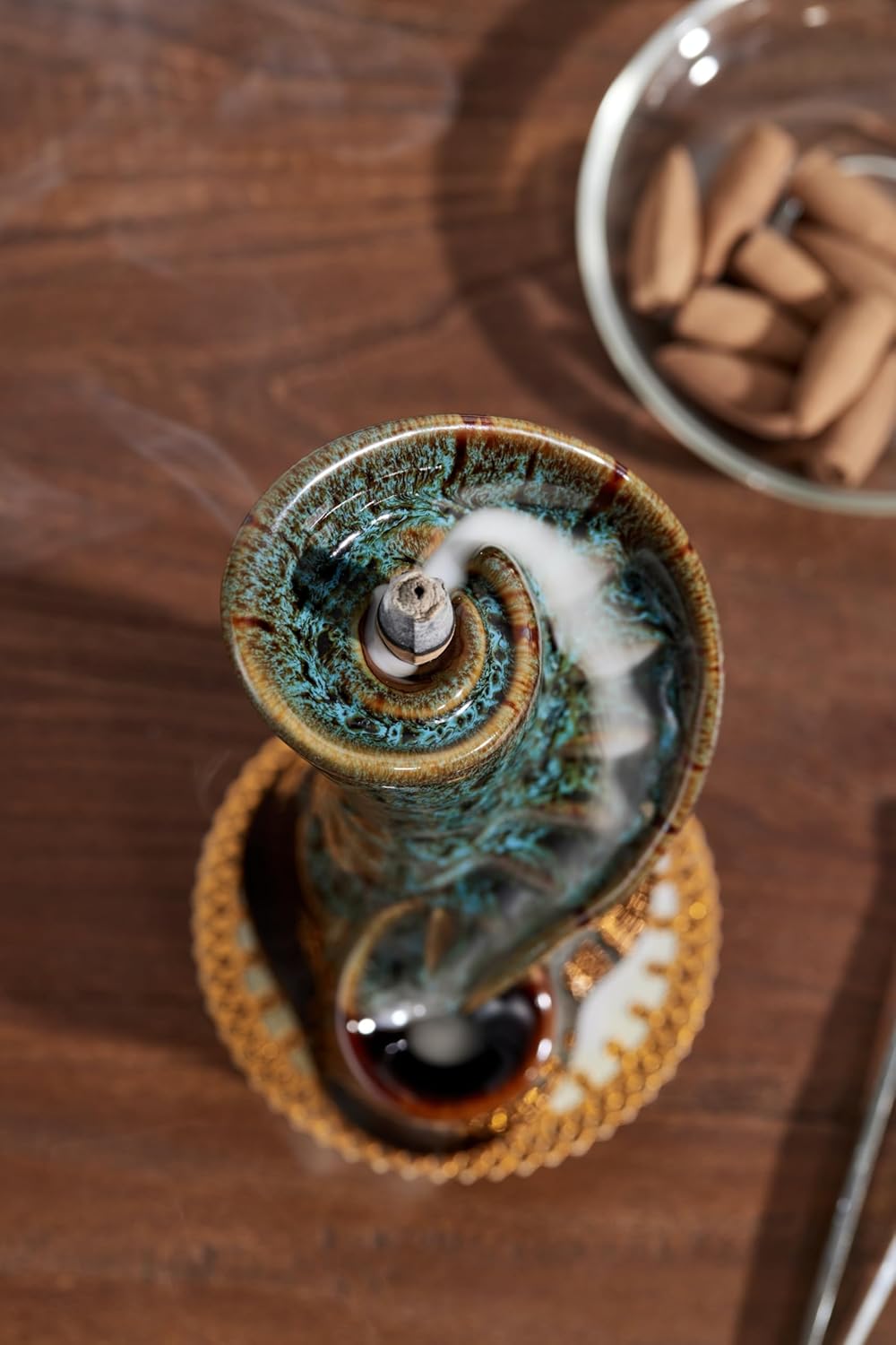 Unique Cloud Stairs Ceramic Waterfall Incense Holder, Paired with a Pack of Backflow Incense Cones. (Fambe Blue)