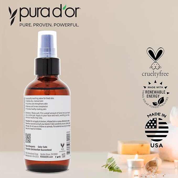 PURA D'OR 3.3 Oz Rice Water Facial Toner - Hydrating, Balancing & Soothing Formula with Natural Extracts - Skin Texture Support for Radiant Skin - Alcohol-Free - Travel Size