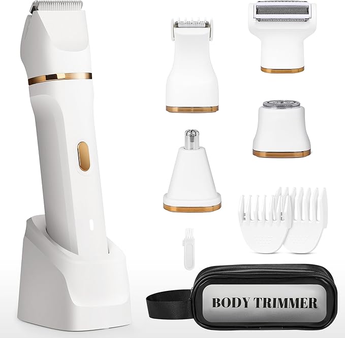 Electric Bikini Trimmer for Women - 5 in 1 Rechargeable Electric Razors for Women, IPX7 Waterproof Pubic Hair Trimmer, Painless Womens Body Shaver, Facial Razor & Nose Hair Shaver, White