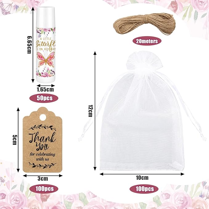Demissle 50 Pcs Baby Shower Lip Balm Gift Set with 100 Pcs Organza Bags Baby Shower Party Favor for Guest Thank You Tag Rope Baby Shower Party Decoration Gender Reveal Souvenirs (Butterfly)