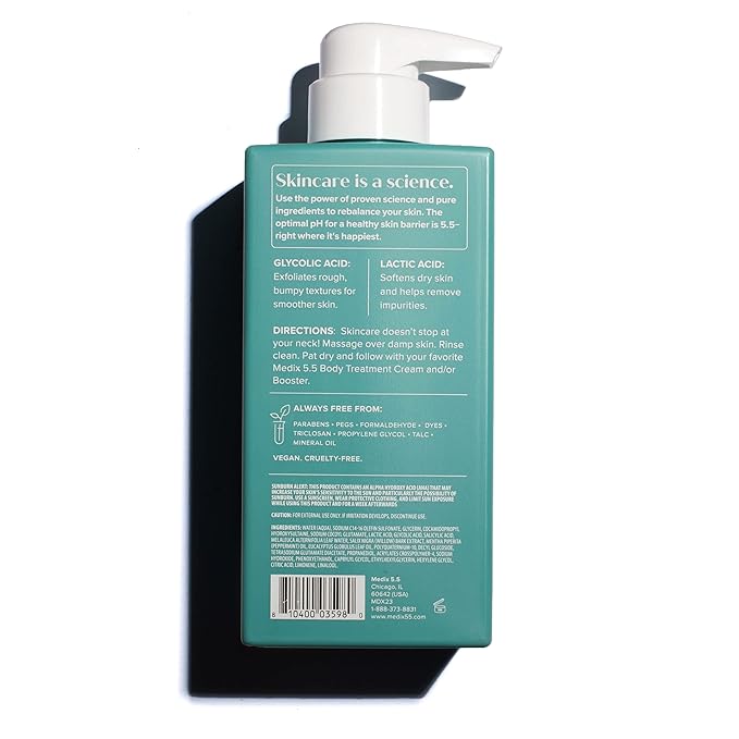 Medix 5.5 Body Scrub Skin Care Glycolic Acid Exfoliating Body Cleanser KP Bump Eraser | AHA + Lactic Acid Anti Aging All Skin Type Wash | Keratosis Pilaris & Acne | Foaming Body & Face Wash, 15 Fl Oz
