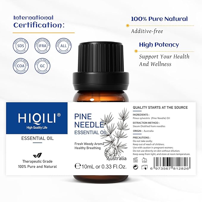 HIQILI 10ml Pine Essential Oil, 100% Pure Natural for Diffuser, Clean Spary, Winter Candle Making Scent- 0.33 Fl Oz
