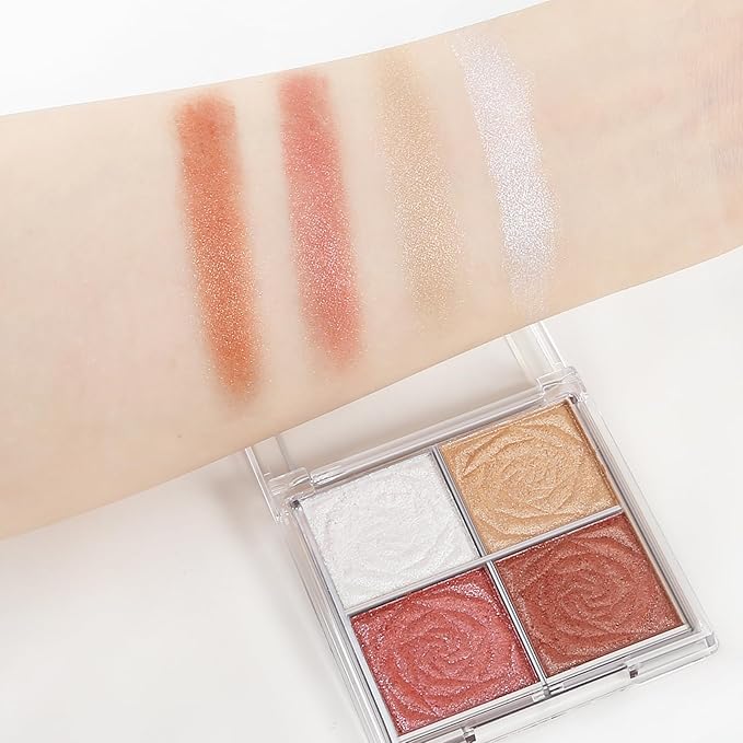 Boobeen Blush and Highlighter Palette- 4-color Metallic Shimmer Shadow Powder, Illuminator Makeup Set for Shading, Highlighting & Defining the Face