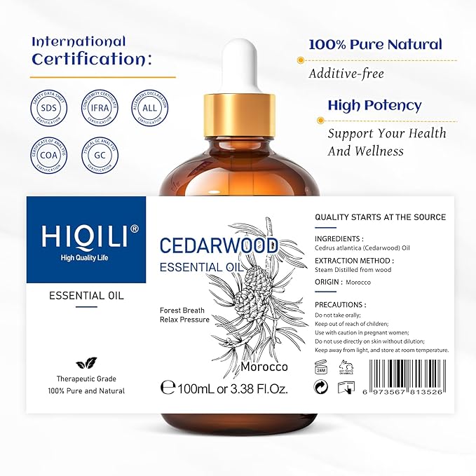 HIQILI Cedarwood Essential Oil (3.38 Fl Oz), 100% Natural Therapeutic Grade, Premium Glass Dropper, for Hair & Skin Care, Soap Making, Add to Diffusers, Sprays