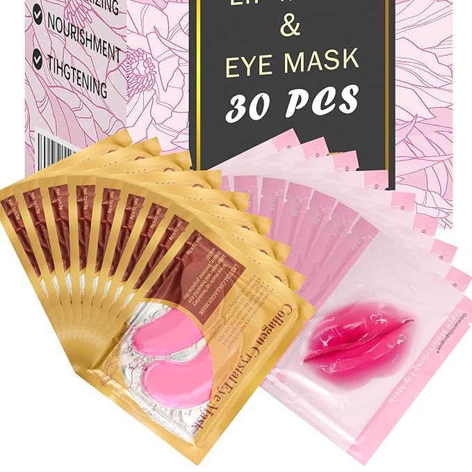 30 Pads Lip Masks & Eye Masks,Under Eye Mask Skincare,Crystal Collagen Lip Mask Sheet,Under Eye Patches for Puffy Eyes and Dark Circles,Moisturizing,Anti-Aging,Reducing Fine Lines,Pink