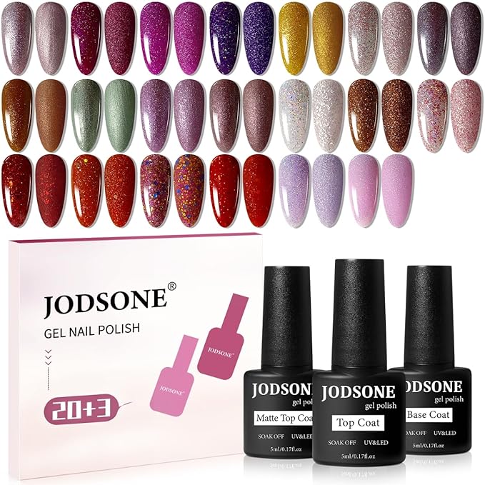 JODSONE 23 Bottles of Glitter Colorful and Elegant Gel Polish kit with 3 Bottles of Matte and Glossy Top Coat Base Coat Gel Nail Set