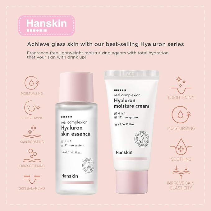 Hanskin Glass Skin On The Go Kit, Travel Friendly Hydrating Skincare Set for Glowing Skin, Cleansers, Skin Essence Toner and Moisturizer, Korean Skin Care [Set of 4 / 30 ml each]
