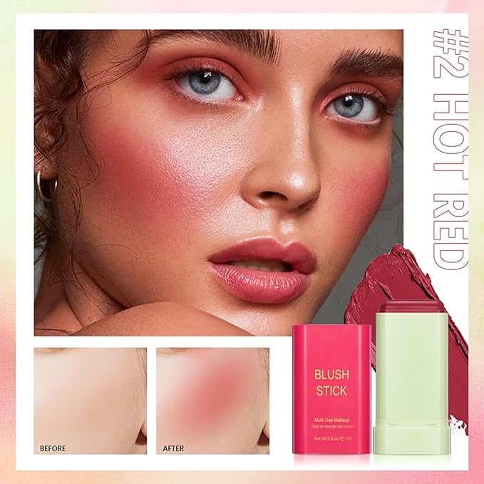 Multi-Use Makeup Blush Stick,Beauty Solid Moisturizer Stick,Waterproof Natural Nude Makeup,Tinted Solid Moisturizer Stick for Eyes Lips Cheek(2#Hot Red)