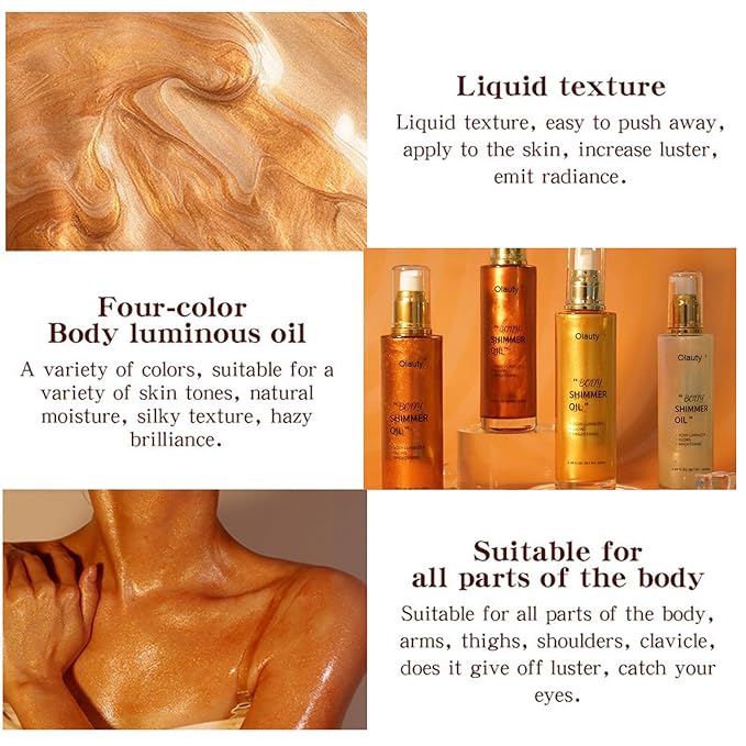 Shimmer Body Oil,Face and Body Liquid Luminizer,Waterproof Moisturizing Light Shimmer Glow Illuminator,Smooth Body Shimmer,Liquid Highlighter Makeup (Bronze Gold)