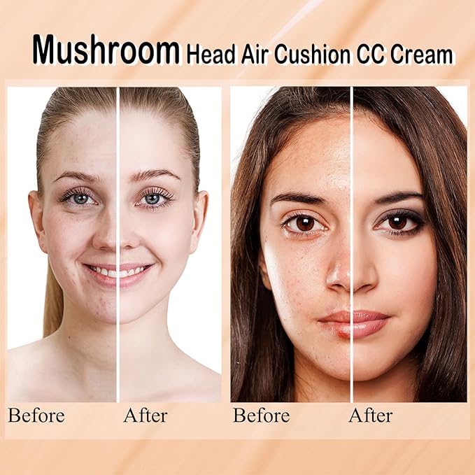 2 PCS Mushroom Head Air Cushion CC Cream Nature Foundation,Foundation Brush Powder Brush,Moisturizing Concealer, Bright Makeup Base Long Lasting with Mushroom Makeup Sponge (2PCS #01 Ivory)