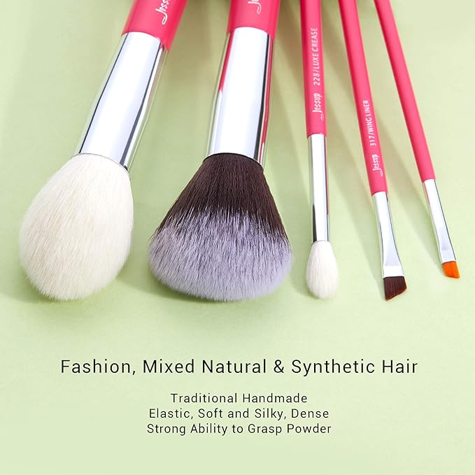Jessup Brand 25pcs Professional Makeup Brush Set Beauty Cosmetic Foundation Powder Blusher Eye Shadow Blending Concealer Highlight Natural-Synthetic Hair Brushes Set (Rose Carmine/Silver)