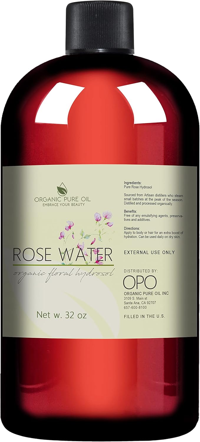 Rose Hydrosol Water - 32 oz - Pure Rose Hydrosol – Hydrating Face Toner Rose Water for Skin and Hair, Linen Spray for Sheets, Room Freshener, Body Spray by Organic Pure Oil - Packaging May Vary
