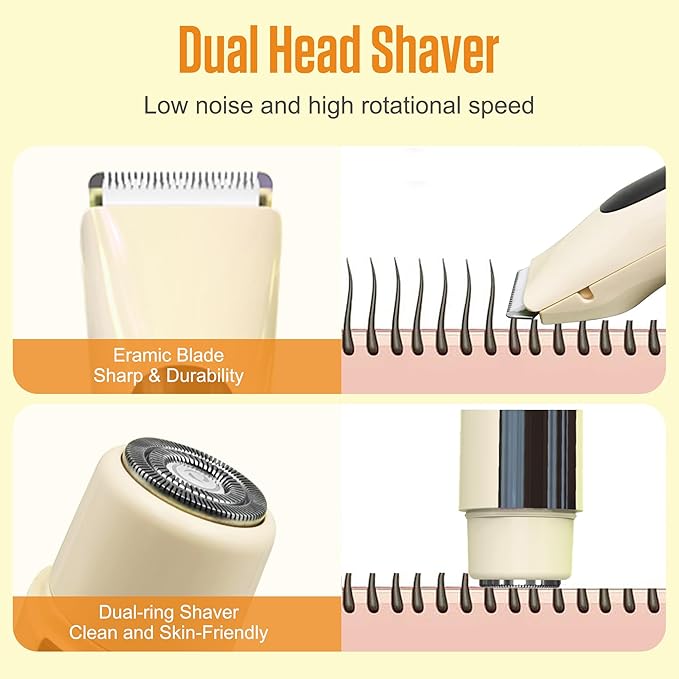 2 in 1 Bikini Trimmer for Women Dual Head Electric Shaver with LED Display,IPX7 Waterproof Wet & Dry, Painless Shaver for Underarm Leg Arm Body Face Private Area Khaki