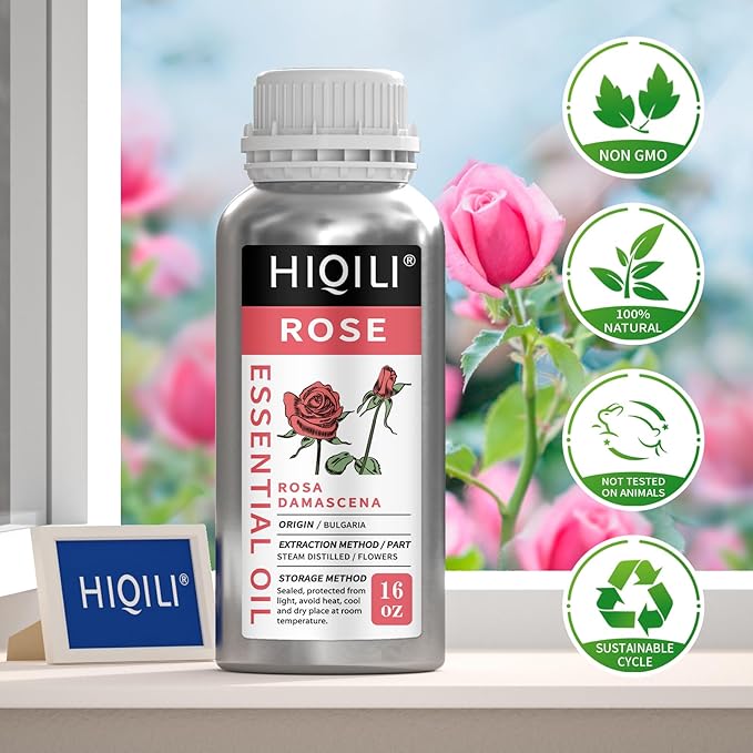 HIQILI Rose Essential Oil for Diffuser, Soap, Perfume & Candle Making - 16 Fl Oz