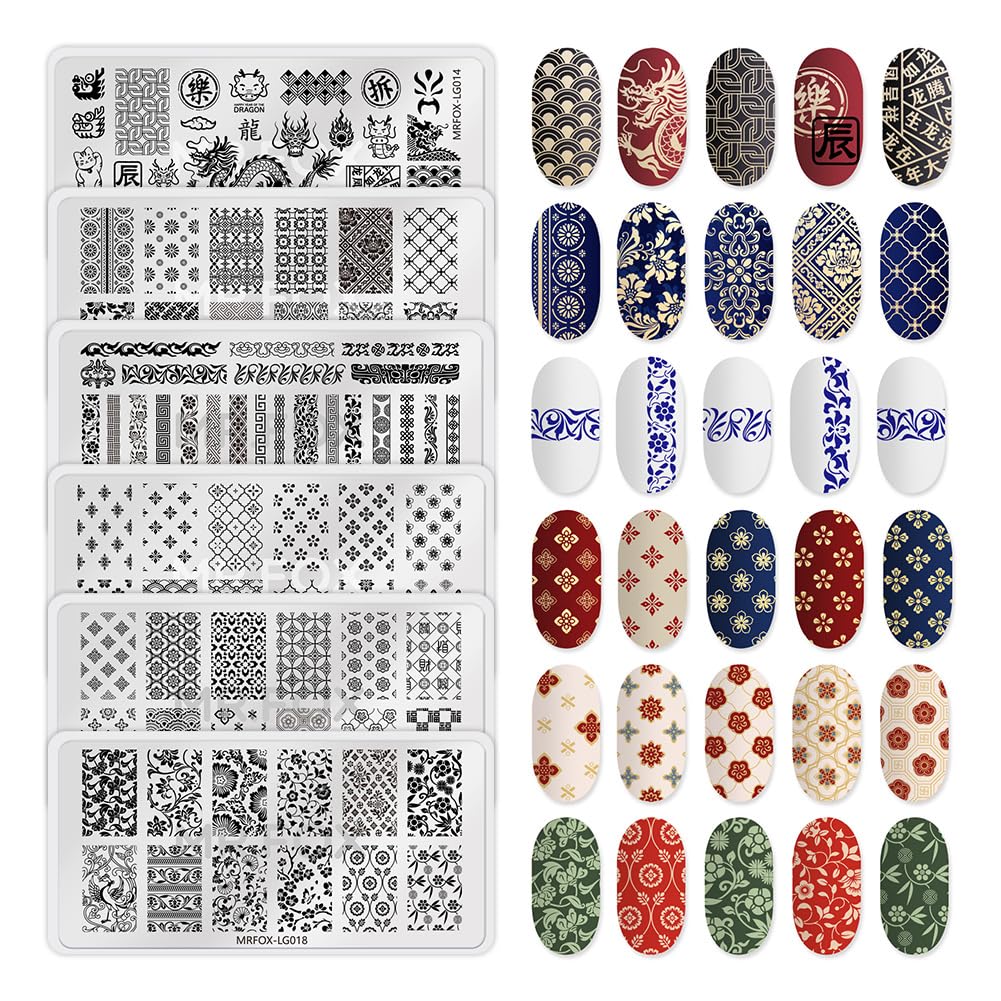 6 Pcs Nail Plates Stamping Set Dragon Patterned Chinese Traditional Decoration Style Nail Art DIY Stamping Template