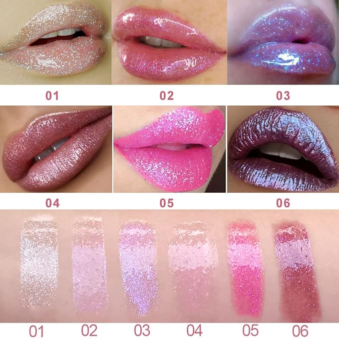 evpct 6Pcs Holographic Shimmer Lip Gloss Liquid Lipstick Set Makeup, Pink Red Metallic Lipstick Long Lasting Waterproof, Diamond Shinning Sparkly Sparkle Lipstick Face Eye Moisturizing High Gloss Glow
