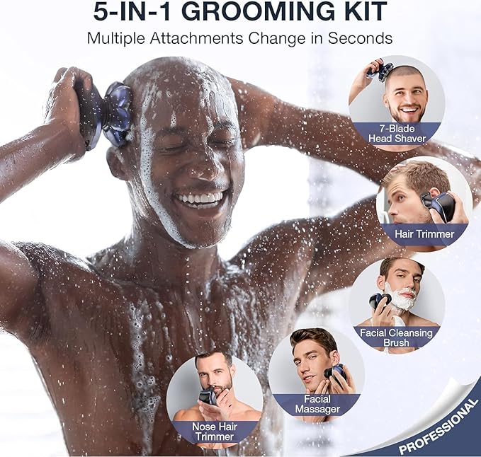 Head Shaver 7D, Wyklaus Upgrade Head Shavers for Bald Men, Head Electric Razor with Nose Hair Trimmer, Waterproof Wet/Dry Mens Grooming Kit, Anti-Pinch, LED Display, USB Rechargeable111