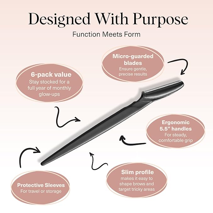 Kitsch Dermaplane Razor for Women Face - Face Razors for Women and Men - Eyebrow Trimmer, Shaver, Recycled Plastic Dermaplaning and Skin Care Tool - Black, 6 pcs