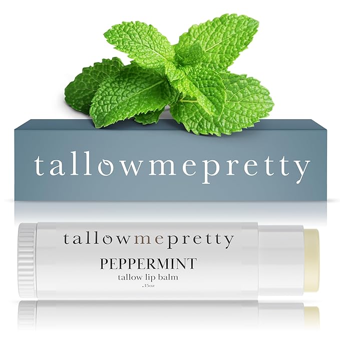 Peppermint Lip Balm, Ultra-Soothing, Deeply Hydrating Tallow Lip Balm with Grass Fed Beef Tallow, Beeswax, Jojoba Oil & More, Non Toxic Lip Care, Made in the USA, 0.15 Oz.