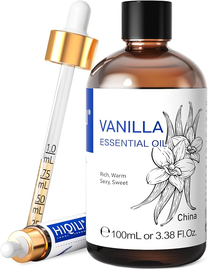 HIQILI Vanilla Essential Oil, Undiluted Natural Strong Fragrance Add in Skin Perfume, Unscented Lotion, Candle Soap Making Scent, Relax at Home with Diffuse Warm Sweet Aroma -100ML