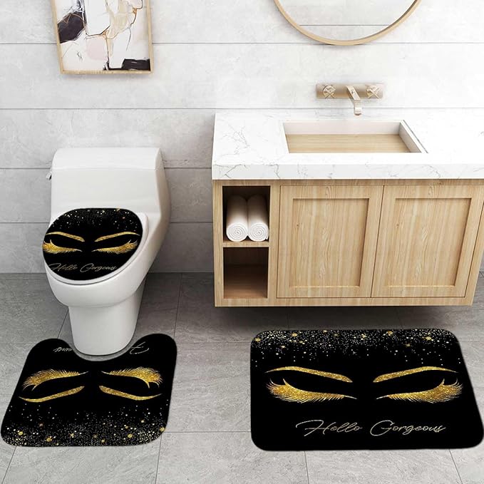 4PCS Unicorn Eyelash Shower Curtain Set, Luxury Gold Glitter Eyebrow Makeup Confetti Hello Gorgeous Glam Modern Fashion Black Women Bathroom Decor, Non-slip Bath Mat Toilet Rug, Gold Eyelash