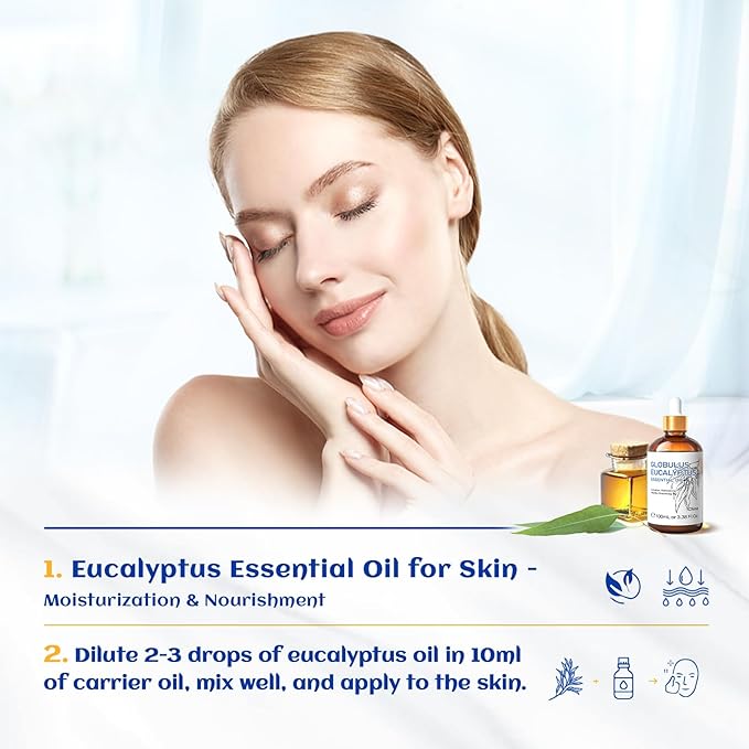 HIQILI 100ML Eucalyptus Essential Oil for Spray, Diffuser & Skin, 100% Pure Undiluted - 3.38 Fl Oz