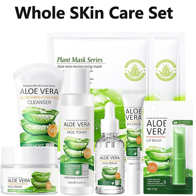 8Pcs Skin Care Products Set, Aloe Vera Skin Care Sets, Skin Care Gift Set for Women Girls, Skincare Routine Set, Face Care Kit with Cleanser, Mask, Toner, Serum, Lip Balm, Eye Cream, Moisturizer