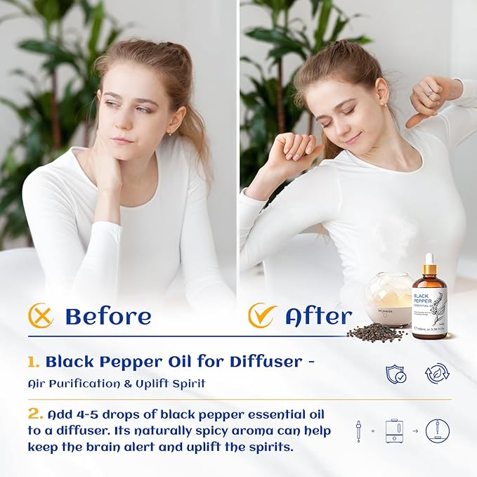 HIQILI Black Pepper Essential Oil for Aromatherapy & Diffuser - Natural Spicy & Warming Scent - Therapeutic Grade - 3.38 Fl Oz