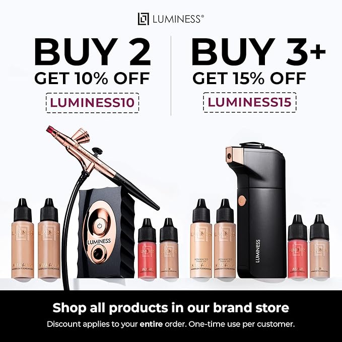 LUMINESS Silk Airbrush Spray Foundation & Buffing Brush Kit – Full Coverage Foundation & Dual-Sided Buffing Brush - Buildable Coverage, Anti-Aging Formula Hydrates & Moisturizes (Shade - Deep)