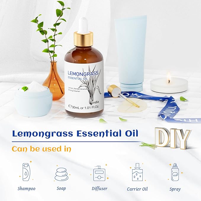 HIQILI 1 Fl Oz Lemongrass Essential Oil, 100% Pure Natural Undiluted for Diffuser, Hair - 30ml