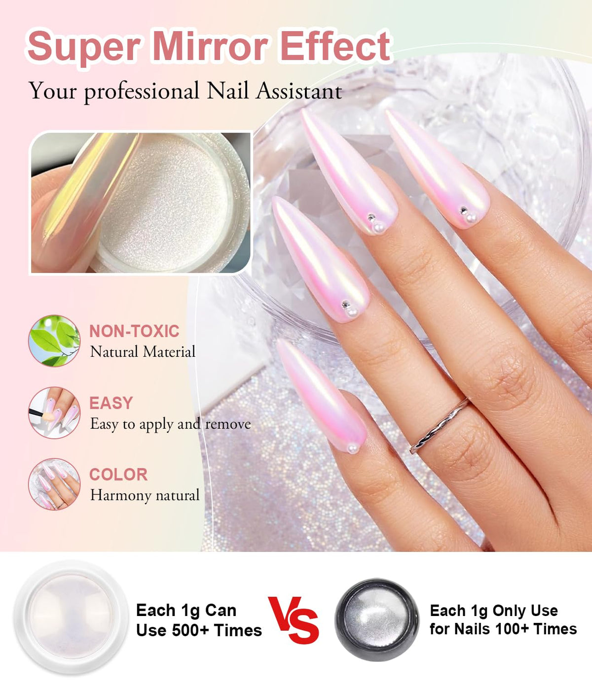 Chrome Nail Powder BISHENGYF: Super Metallic Effect Chrome Powder For Nails Gold Silver Red Laser White Pearl Nail Chrome Powder for Nails Art Decoration