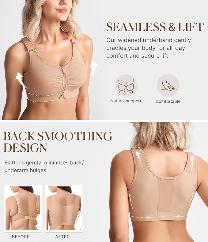 BRABIC Zip Front Closure Everyday Bra for Women Post Surgery Compression Support with Adjustable Straps Wirefree