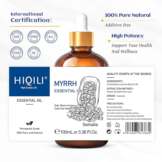 HIQILI 100ML Myrrh Essential Oil for Skin, Diffuser & Candle, 100% Pure and Natural - 3.38 Fl Oz