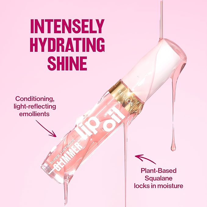 REVLON Super Lustrous Glimmer Lip Oil, Moisturizing & Tinted, Shiny Finish, Made with Plant-Based Squalane, 006 Plum Pop, 0.13 fl oz