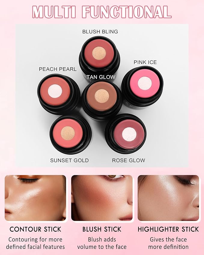 Cream Blush Stick Makeup for Cheeks, Multi Blush & Highlighter Contour Stick, Long Lasting Waterproof Creme Blush Bronzer Stick, Lightweight Matte and Dewy Finish, Face Shaping Makeup for Women-04