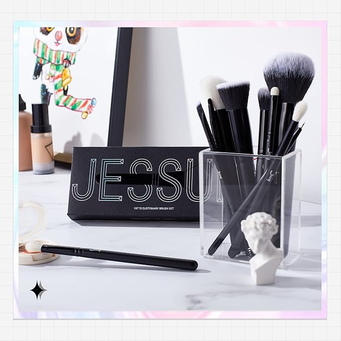 Jessup Makeup Brush Set 10pcs Black Make up Brushes Set Professional with Natural Synthetic Hair for Foundation Blending Blush Concealer Eyeshadow Eyebrow Eyeliner, T323