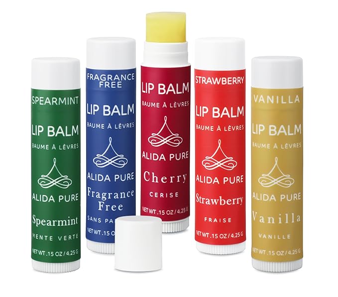 ALIDA PURE Melody Lip Balm Collection, Vegan, Lip Balm, Beeswax Free, with Avocado Oil, Organic Jojoba Oil, and Vitamin E, Natural Moisturizer for Dry, Chapped Lips, 5 Tube Set