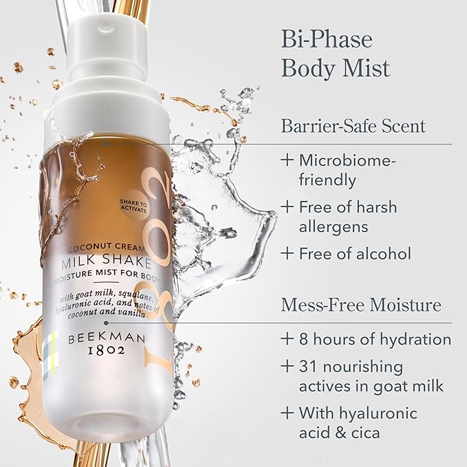 Beekman 1802 Coconut Cream Milk Shake - Body Mist - 4.7 fl. oz - With Hyaluronic Acid & Jojoba Oil - Instantly Moisturizes, Hydrates & Softens - Good for Sensitive Skin - Cruelty Free