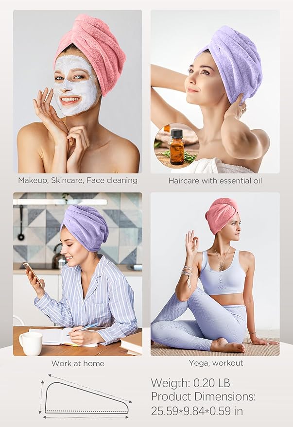 Hicober Microfiber Hair Towel, 2Packs Hair Turbans Wrap for Women Wet Hair, Hair Drying Towels for Curly Hair Anti Frizz(Purple,Pink)