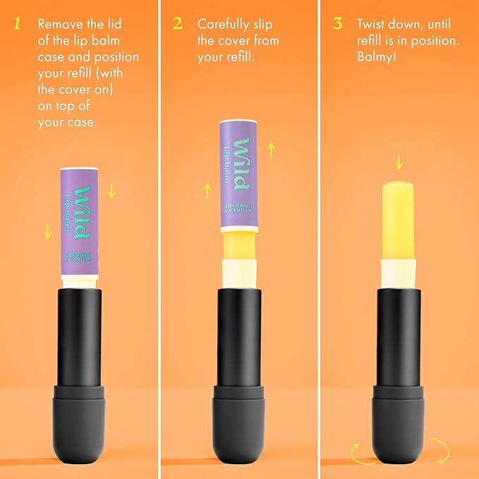 Wild Refillable Lip Balm Starter Kit - Includes Black Aluminum Case & 3 Pack Lip Balm Refills in a Variety of Scents - Includes Passionfruit Swirl, Original and Coconut & Vanilla Scents